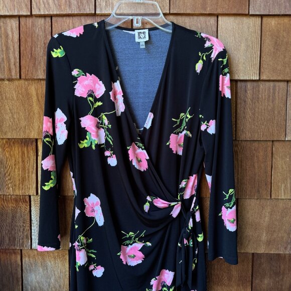 EUC Anne Klein Black Floral Print Stretch Knit Faux Wrap Dress in Women's Large - Picture 2 of 8